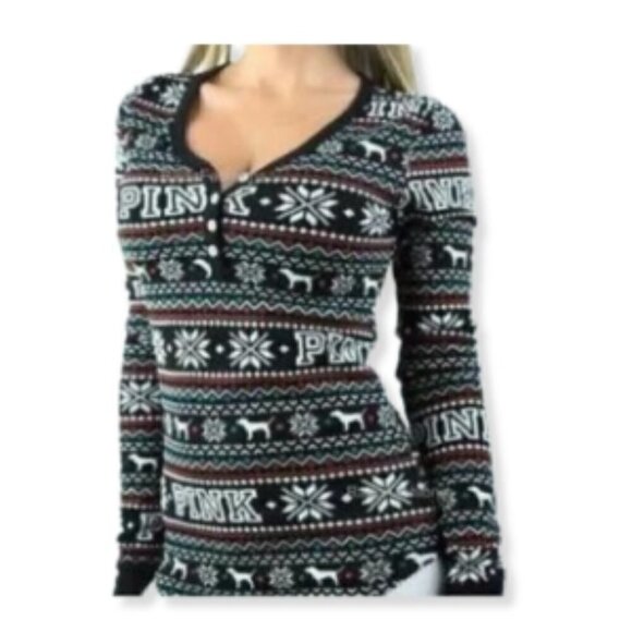 Victoria's Secret Pink Thermal Henley Pajama Set Long Sleeves Holiday Christmas - Picture 3 of 8